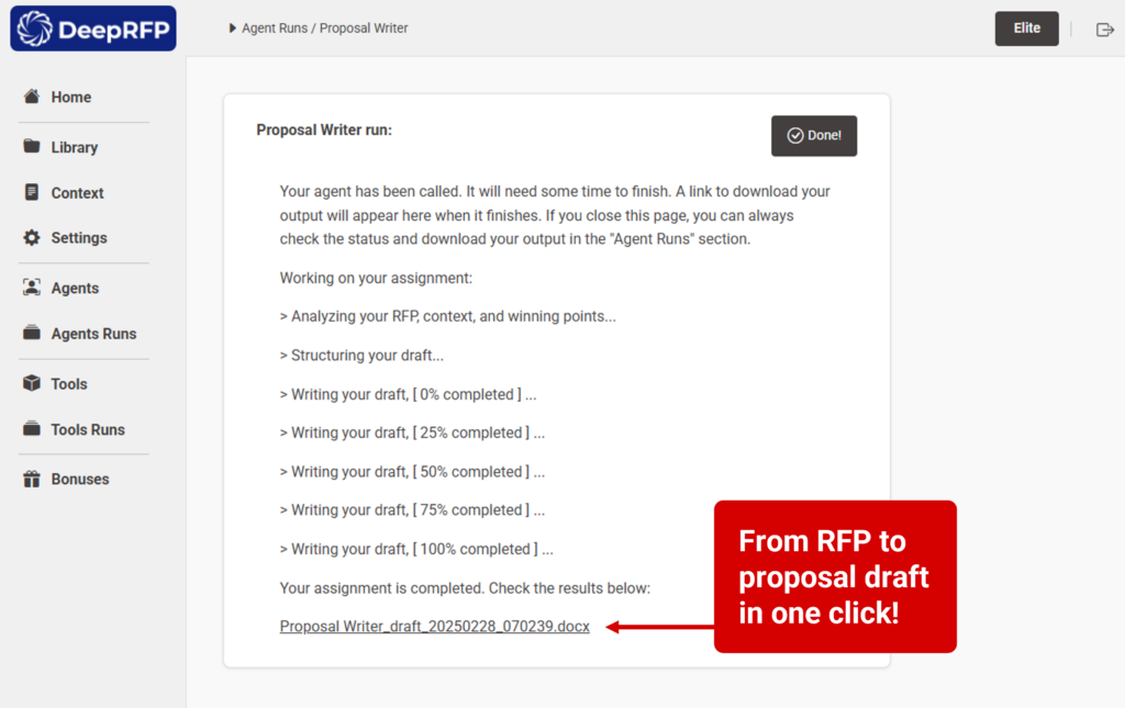 DeepRFP AI RFP Software - automated response generator dashboard - Proposal Writer AI agent