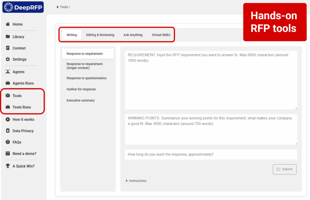 RFP automation tools in the DeepRFP AI tool kit for proposal responses