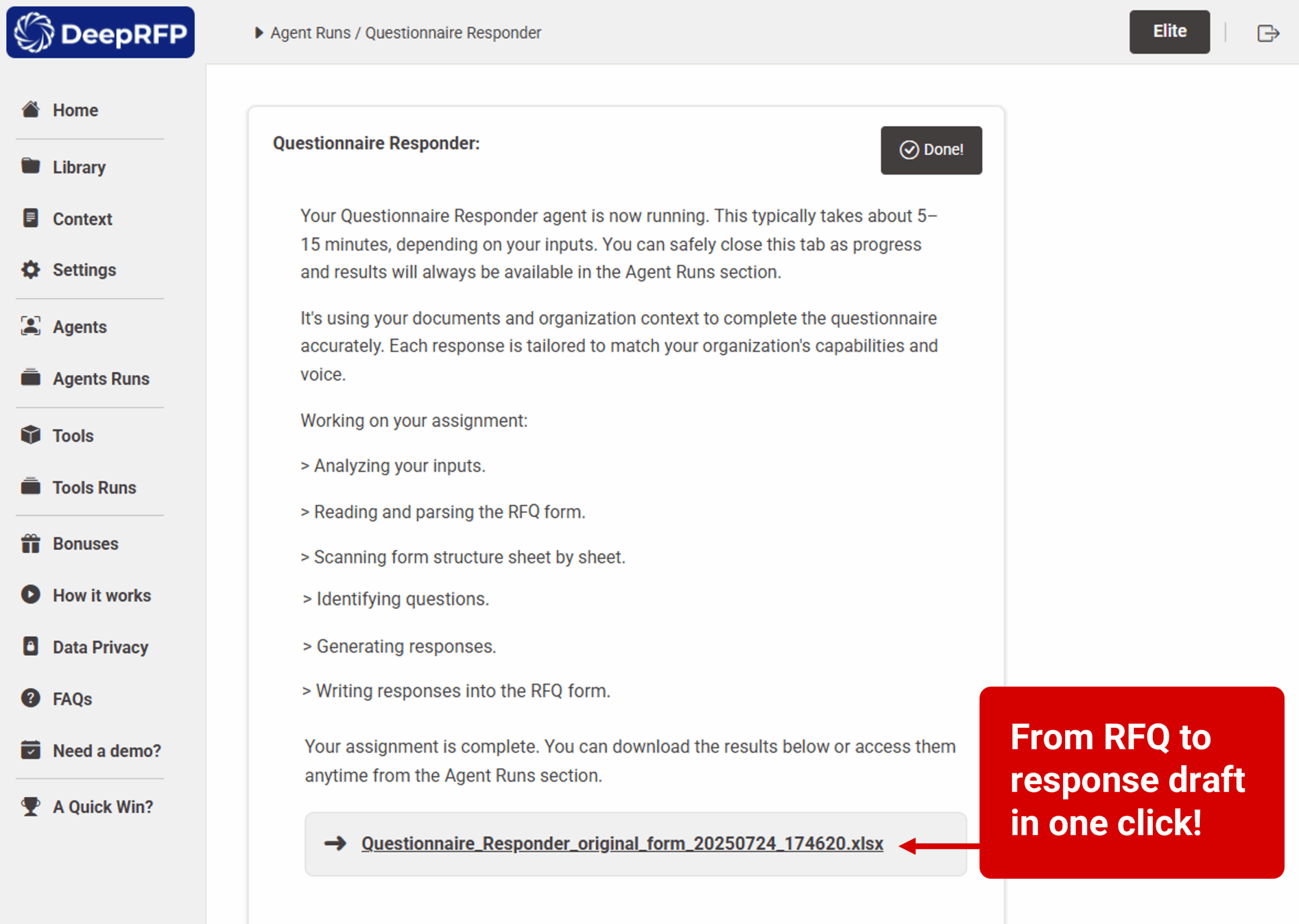 DeepRFP RFQ software — AI RFQ response tools and agent that extracts questions, pre-fills answers, and suggests pricing notes