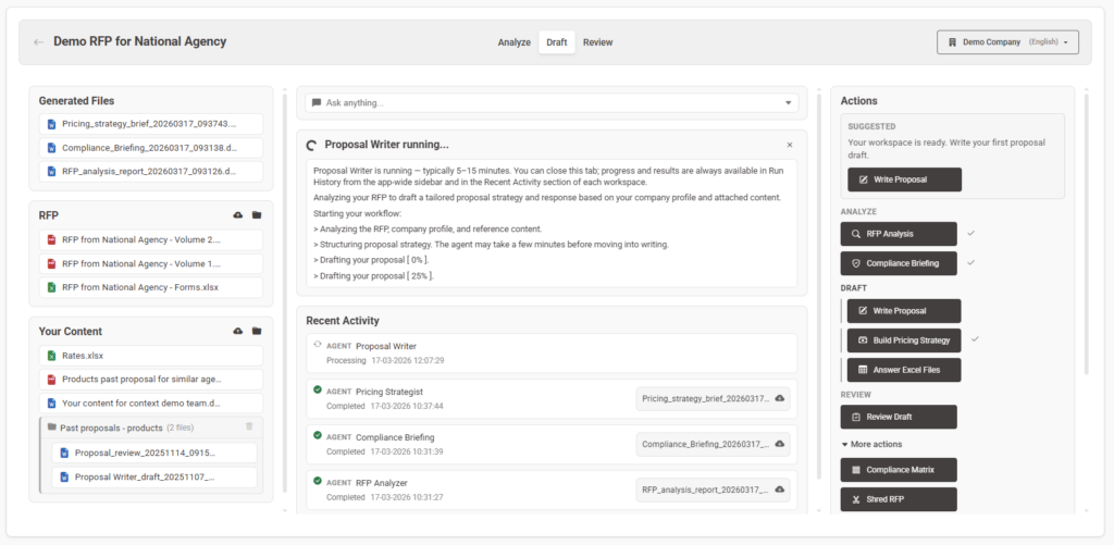 DeepRFP AI RFP Software - Opportunity workspace for RFP analysis, proposal drafts, and quality reviews